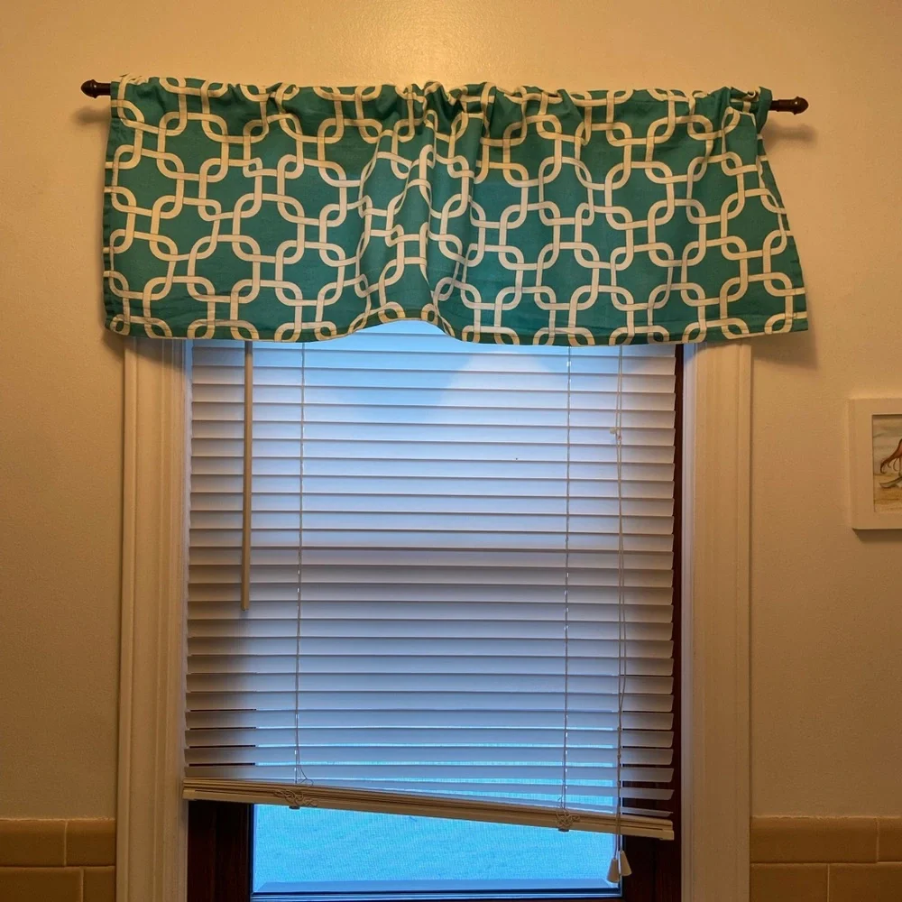 Teal Geometric Window Valance Curtain 36” Wide Kitchen Bath